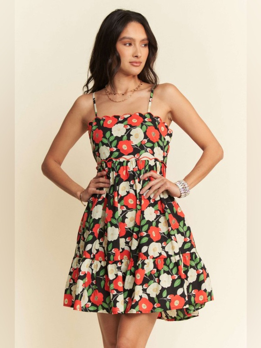 Davi & Dani Floral Scalloped Cutout Back Mini Dress